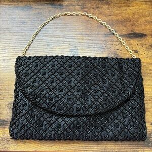 Walborg Black and Gold Evening Clutch with Woven Beaded Design Vintage Elegant